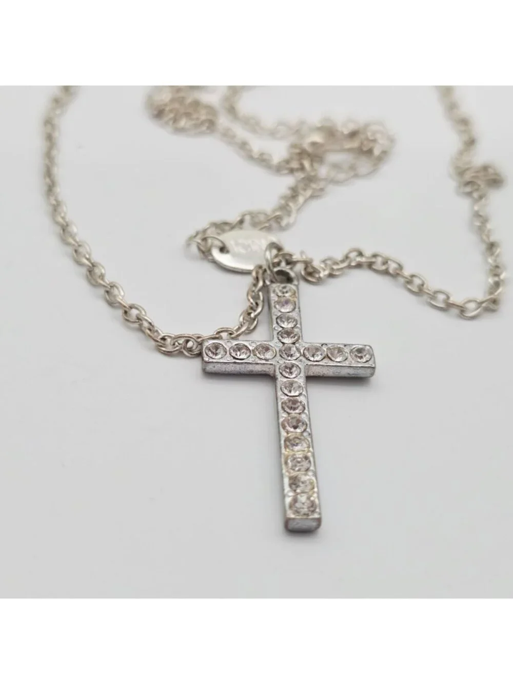 Silver Rhinestone Cross Pendant Necklace By Icing - Picture 7 of 7